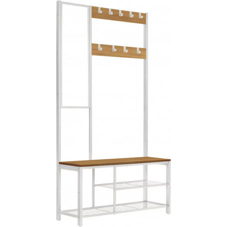 3-in-1 Klädhängare med Spegel, Sittbänk, Skoställ 98 x 35 x 180 cm Vit/Ek