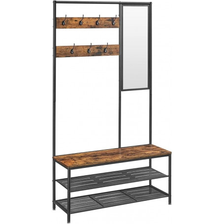 3-in-1 Klädhängare med Spegel, Sittbänk, Skoställ 98 x 35 x 180 cm Vintage brun