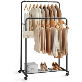 Klädställning Metall Dubbel Stång, Rullbar, Svart - Belastning 60 kg