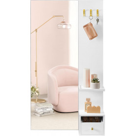 Väggspegel med låda hylla & 3 krokar 108×60×18 cm vit glas MDF hall