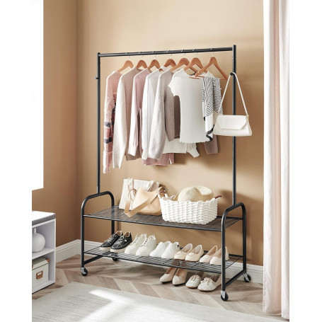 Klädställning rullbar med skohylla & sidokrokar 115×45×168,5 cm sva...