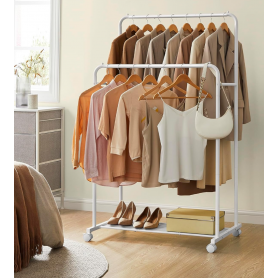 Klädställning Metall Dubbel Stång, Rullbar, Vit - Belastning 60 kg