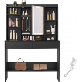 Sminkbord med LED-Belysning Spegel, 2 Lådor, Flera Fack - Svart