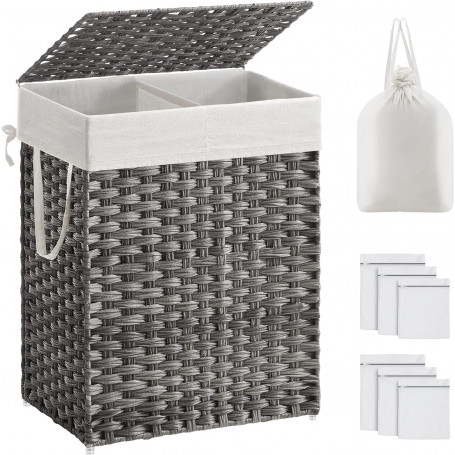 Tvättkorg Uppdelat i 2 Fack med Lock, 90L - 33 x 46 x 60 cm, Grå