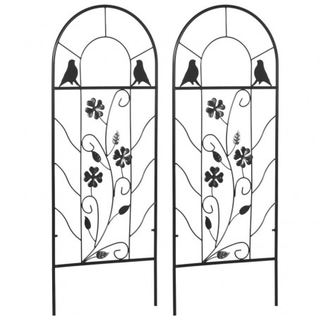 Metall Spaljé 2-pack med fågel- och klöverdekoration, Svart 38 x 98 cm