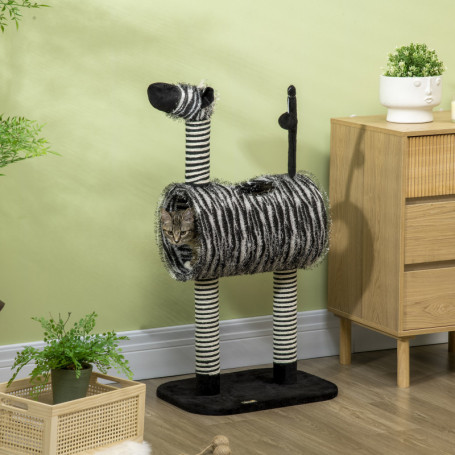 Klösträd Zebra med Kattunnel 48,5 x 35 x 93 cm svart  vit