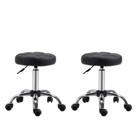 Arbetspall 2-pack med Hjul Läder Svart/Silver Ø35,5 x 48-63 cm