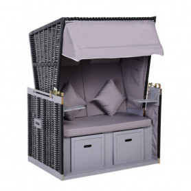 Justerbar Solstol 2-sits, Fällbara Bord & Utdragbart Soltak Grå