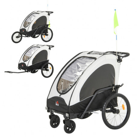 3-in-1 Cykelvagn för 2 Barn med Promenadhjul Vit Svart