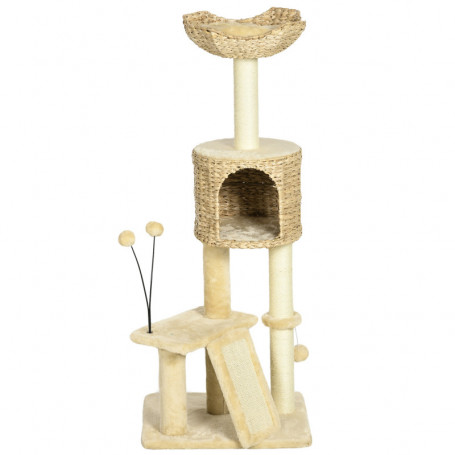 Kattträd PawHut 45″ beige med hängande leksaker, hus, ramp & sisal ...
