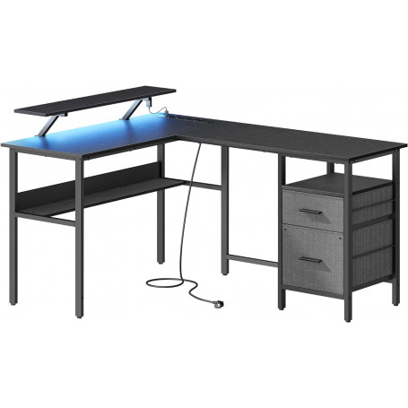 L-format Skrivbord med Grenuttag, Belysning, Skärmstativ, 2 lådor 2 USB-portar Svart