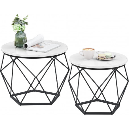 Rund Soffbord 2 Set, Diamant Metallram, Avtagbar Bordsskiva, Vit Svart