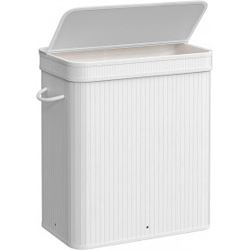 Tvättkorg med Lock, 100 L, Bambu, Tvättbar Påse med Handtag Vit