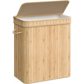 Tvättkorg med Lock, 100 L, Bambu, Tvättbar Påse med Handtag Ek