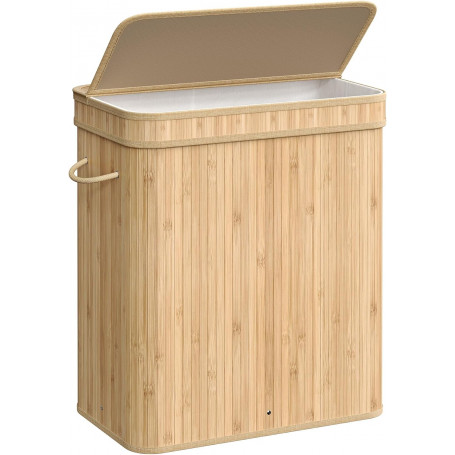 Tvättkorg med Lock, 100 L, Bambu, Tvättbar Påse med Handtag Ek