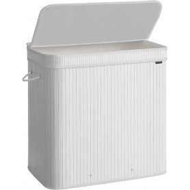 Tvättkorg med Lock 150 L, Bambu, Tvätbar med Handtag Vit
