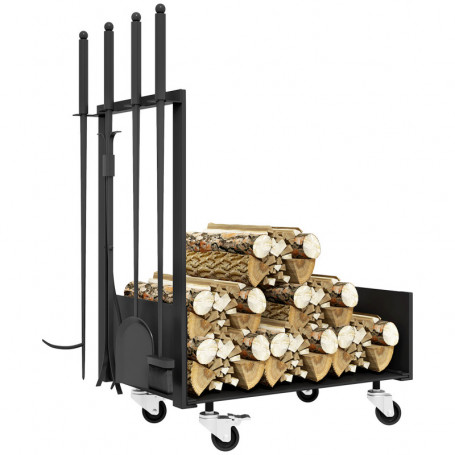 Rullbar Vedställ med Redskap, 60 kg, 48 x 30 x 76 cm, Metallram Svart