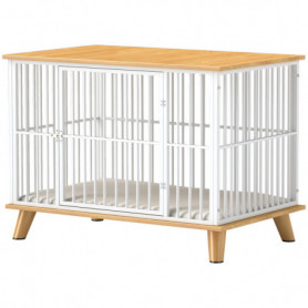 Hundbur på Ben med Låsdörr, Mjuk Kudde 86 x 60 x 70 cm Vit, Ek