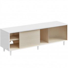 TV-bänk Avalon 140×39×45 cm Vit/Ek Räfflat Glas Skjutdörrar Justerb...