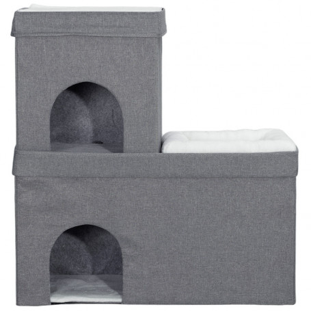 Katthus med 2 Kattgrottor 74 x 37 x 78 cm, grå/gräddvit