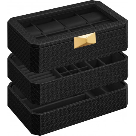 Klocklåda Stapelbar 3 Nivåer PU-läder Bläcksvart 8 Fack Glaslock Sm...