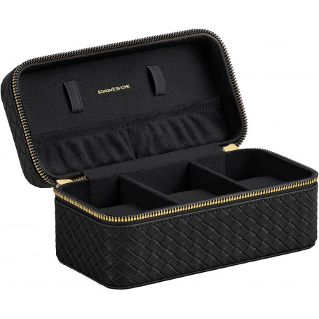 Klocklåda Resefodral 3 Fack 20×10×9 cm PU-läder Svart Mjuk Foder Dr...