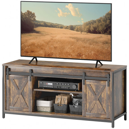 Tv Bänk Rustik Design, för 60'' TV, 6 Fack, 2 Skjutdörrar, Vintage brun/svart