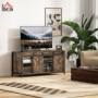 Tv Bänk Rustik Design, för 60'' TV, 6 Fack, 2 Skjutdörrar, Vintage brun/svart