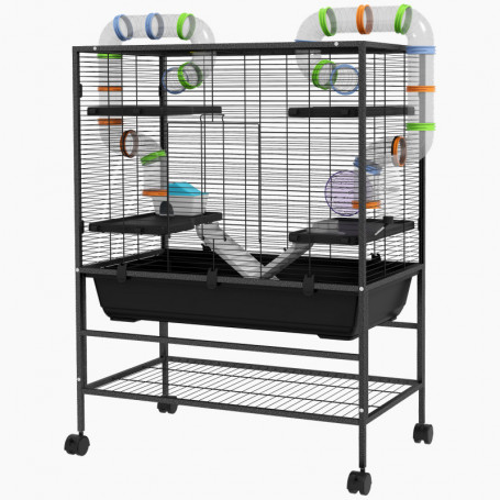 Hamsterbur På Hjul med Rör, hus, vattendispenser, 109 x 82 x 46 cm, svart