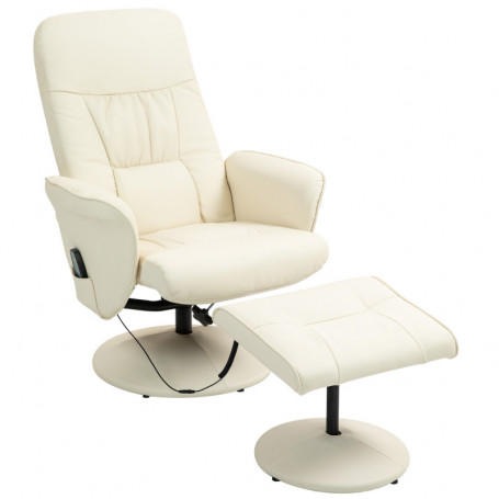 Relax Fåtölj med Fotpall och Massagefunktion Krämvit Läder