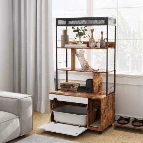 Kattlåda möbel med 3 hyllor & klösstolpe 80 × 48 × 152 cm brun för ...