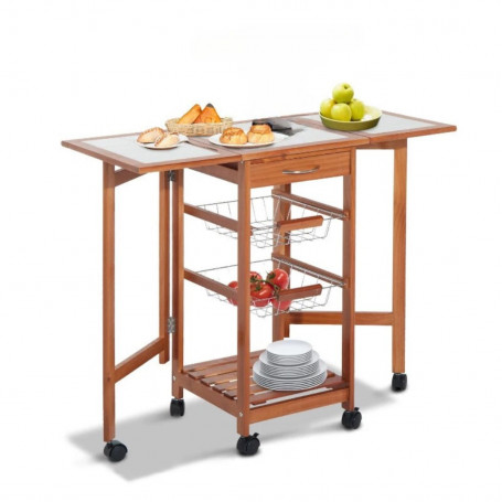 Serveringsvagn - köksvagn med förvaringslåda två fällbara sidoelement keramikskiva 91 x 37 x 75 cm