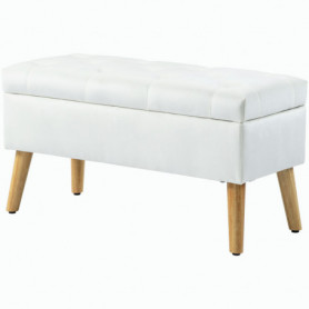 Bänk med Förvaring Sammet Vit med Träben 80 x 35 x 40 cm