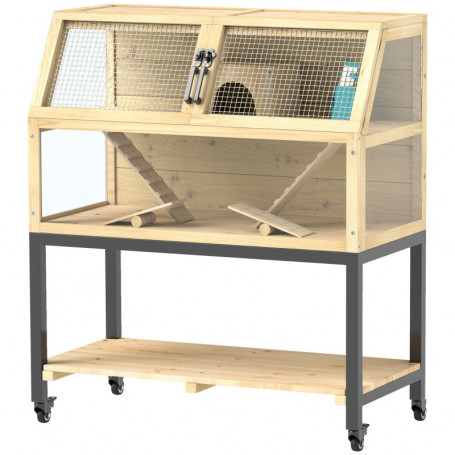 Hamsterbur i Trä med förvaringsfack, hjul, ramper 87 x 43 x 101 cm