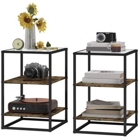Sidobord 2-pack Glasskiva 3 Nivåer Metallram Brun / Svart