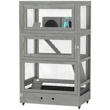 Hamsterbur 4 Nivåer med Matskålar, ramper, hjul, 65 x 45 x 109 cm, grå