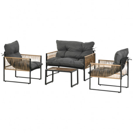 Loungeset 4 delar, Soffa, 2 Stolar, Bord med Glasskiva, Metallram