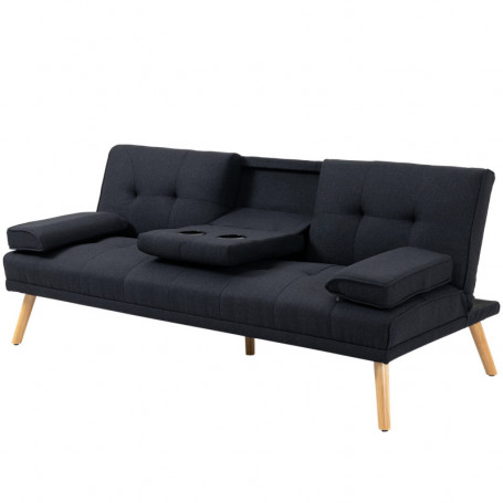 3-sits Bäddsoffa Fällbart Ryggstöd med Fällbord Linnemönstrad Svart