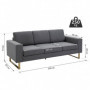 Soffa 3-sits 200 x 82 x 78 cm Mörkgrå Linne, Brons Ben