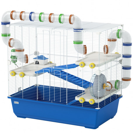 Hamsterbur 4-vånings med rör, tunnlar, hjul, ramper, Blå