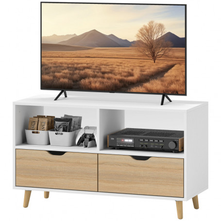 Tv Bänk med Skåp och Öppna Hyllor 99 x 39 x 58 cm Vit / Ek
