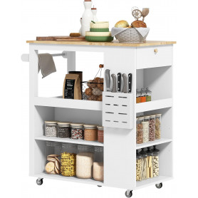 Rullande Köksö med Trä Skiva Justerbara Hyllor och Förvaring 86,5 x...