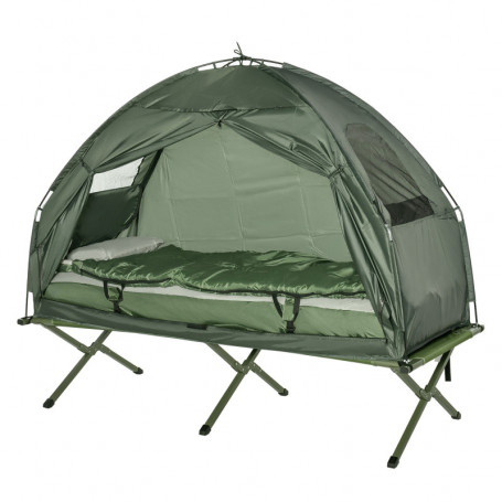 Campingtäl på Ben med Tältsäng, Sovsäck och Madrass Mörkgrön