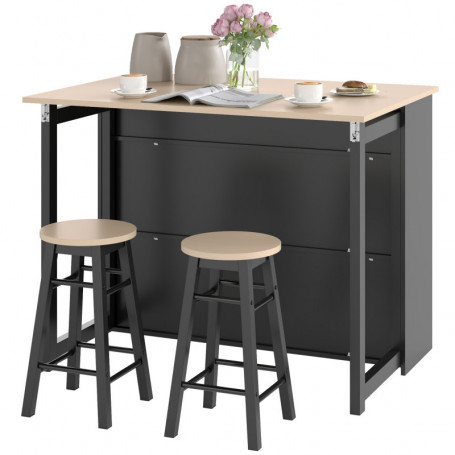 Köksö Set med 2 Barstolar, Fällbar Bordsskiva, förvaring 116 x 70 x 89,5 cm Svart / Ek