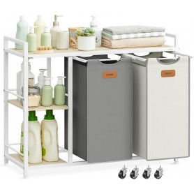 Tvättvagn med 2 korgar, hjul och hyllor – 100L kapacitet Grå 87 x 3...