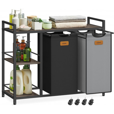 Tvättvagn med 2 korgar, hjul och hyllor – 100L kapacitet Svart 87 x 33 x 80,5 cm
