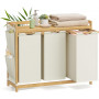 Tvättkorg med 3 fack, bambu, hylla och sidofickor – 150 L, 94 x 33 x 78 cm