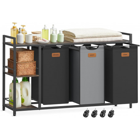 Rullbar Tvättsorterare med 3 Korgar, 2 Hyllor Svart 117 x 33 x 80,5 cm