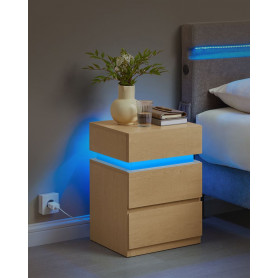 Sängbord Sidobord 35×40×55 cm Ekbeige LED Belysning 3 Lådor Fjärrko...