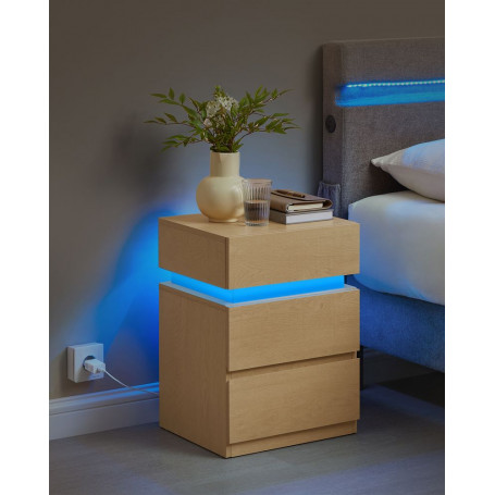 Sängbord Sidobord 35×40×55 cm Ekbeige LED Belysning 3 Lådor Fjärrko...